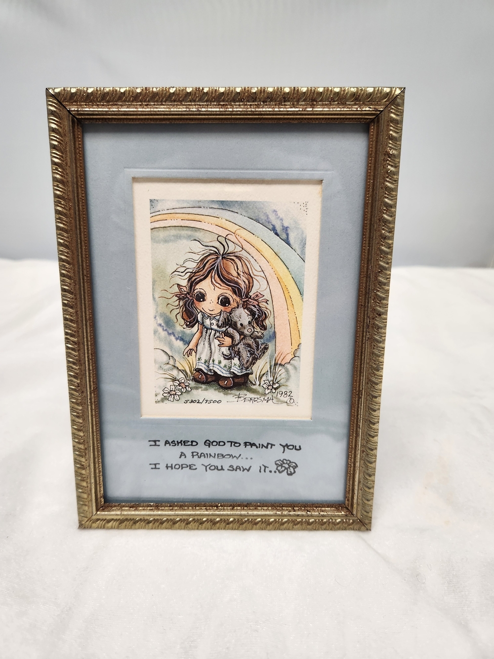Whimsical Rainbow Girl Art Print in Gold Frame - Blue Matting